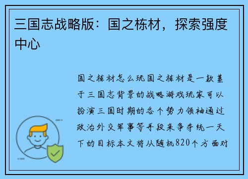 三国志战略版：国之栋材，探索强度中心
